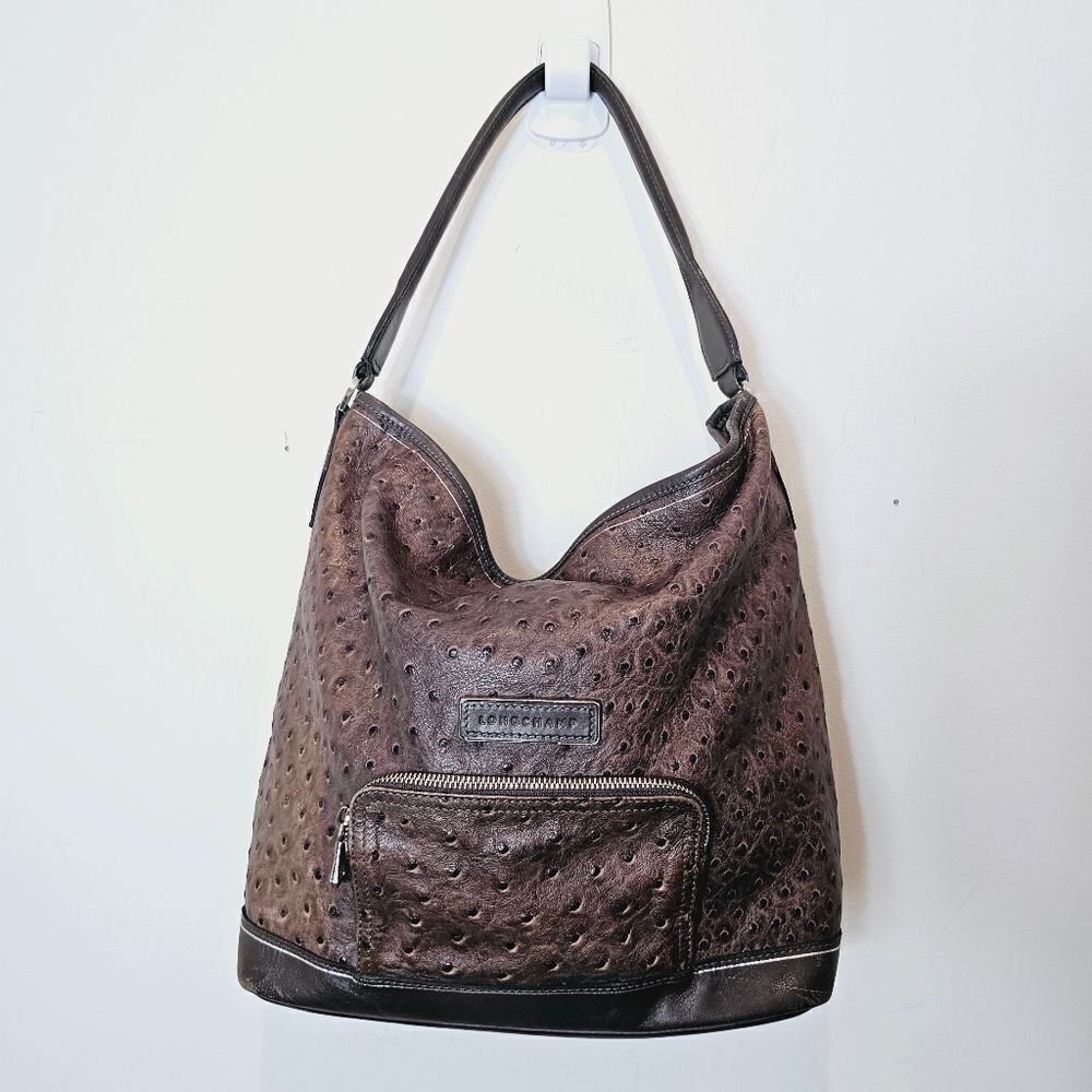 Longchamp Legende Hobo Brown Ostrich Embossed Bag Top Handle Carry Handbag